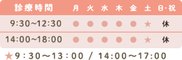 診療時間 9:30～12:30 14:00～18:00 月 火 水 木 金 土 日・祝 ● ● ● ● ● ★  休 ● ● ● ● ● ★  休 ★9:30～13:00 / 14:00〜17:00